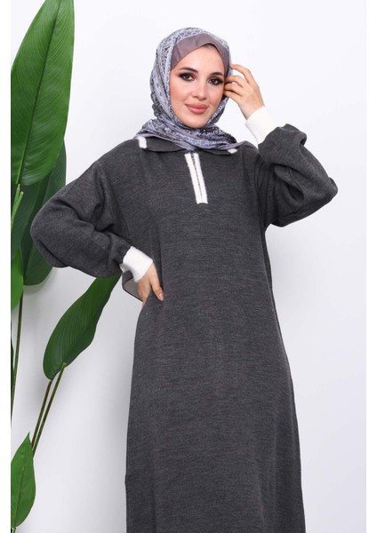 Füme Gömlek Yaka Fermuarlı Triko Elbise modelleri