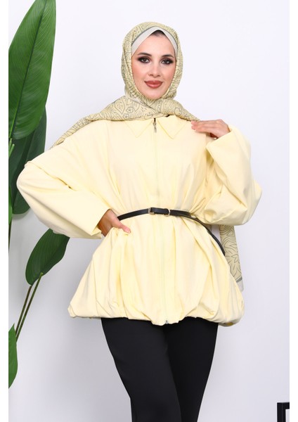 Sarı Pileli Astarlı Gabardin Ceket
