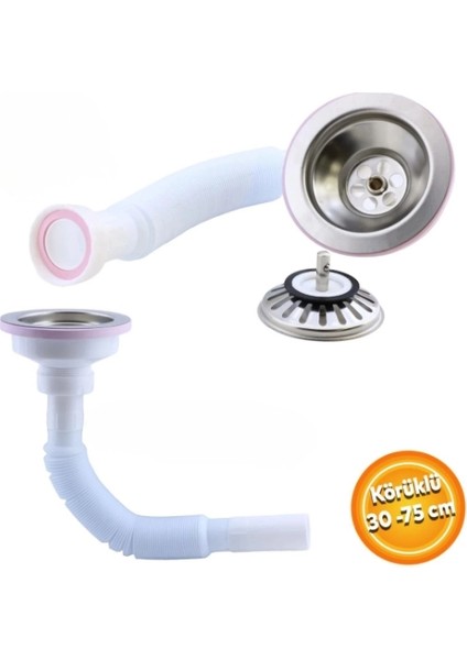 Lüks Çöpmak Körüklü Evye Lavabo Sifonu Gider Borusu Akordiyon Plastik Geniş Kafa Paslanmaz 30 -75 cm