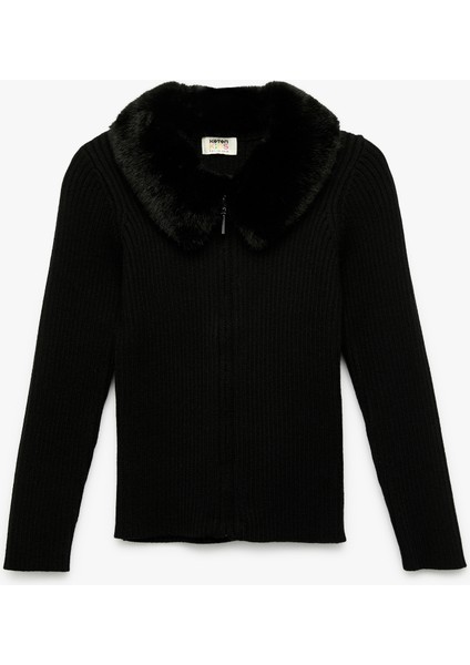 Uzun Kollu Peluş Yaka Viskon Karışımlı Fermuarlı Triko Hırka