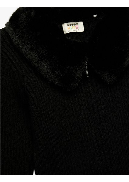 Uzun Kollu Peluş Yaka Viskon Karışımlı Fermuarlı Triko Hırka modelleri