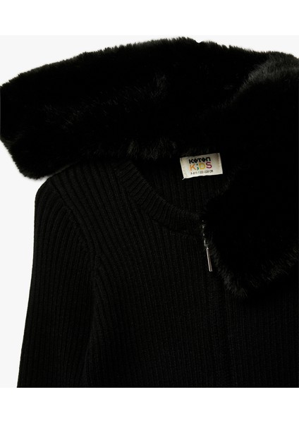 Uzun Kollu Peluş Yaka Viskon Karışımlı Fermuarlı Triko Hırka fırsatları