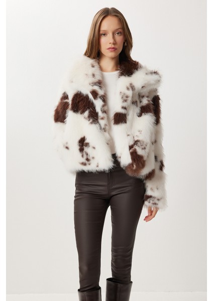 Hayvan Desenli Suni Kürk Ceket LZH0019 Kemik Kahverengi fiyatları