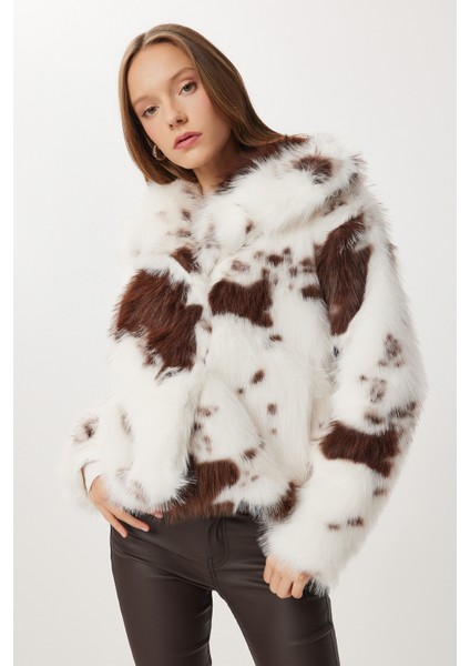 Hayvan Desenli Suni Kürk Ceket LZH0019 Kemik Kahverengi modelleri