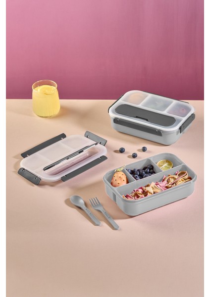 Kaşık Çatallı Lunch Box Sızdırmaz Contalı Kapaklı 4 Bölmeli Beslenme Kabı - Gri