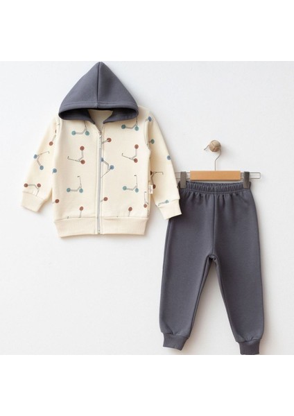 Erkek Çocuk Ekru Gri Renkli Scooter Baskılı Kapşonlu Hırkalı 2'li Takım - 1016174