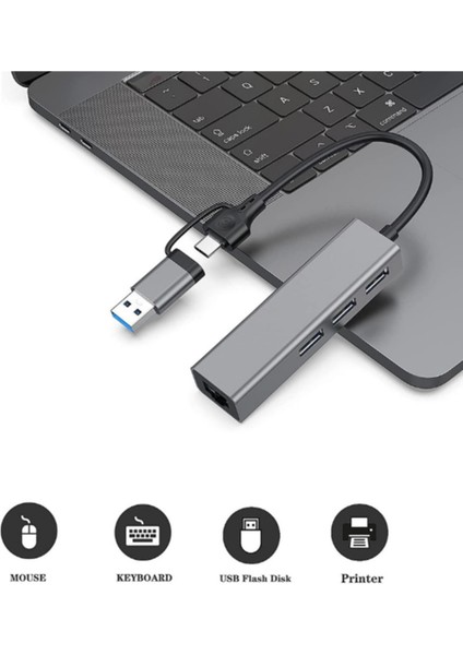Type-C To USB A Hub Ethernet Adaptör / 4 Port modelleri