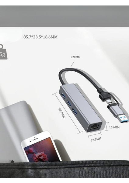 Type-C To USB A Hub Ethernet Adaptör / 4 Port