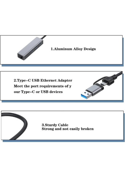 Type-C To USB A Hub Ethernet Adaptör / 4 Port