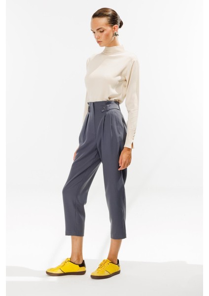 Yüksek Bel Pileli Havuç Pantolon-Gri