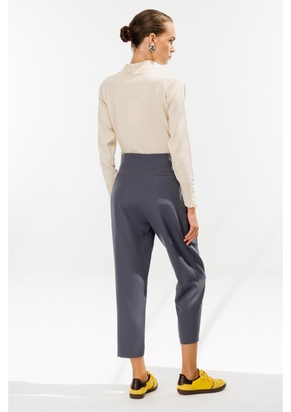 Yüksek Bel Pileli Havuç Pantolon-Gri