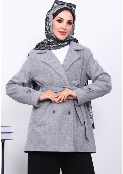 Gri Kruvaze Yaka Çift Düğmeli Kaşe Kaban