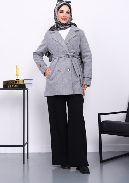 Gri Kruvaze Yaka Çift Düğmeli Kaşe Kaban fiyatları