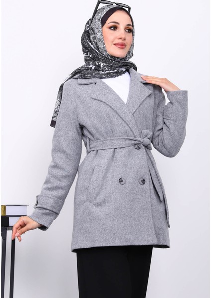 Gri Kruvaze Yaka Çift Düğmeli Kaşe Kaban modelleri