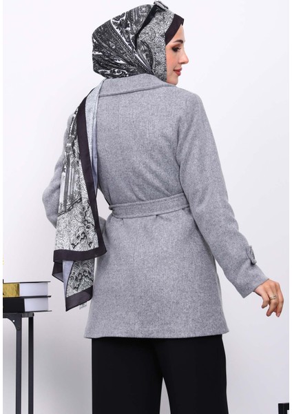 Gri Kruvaze Yaka Çift Düğmeli Kaşe Kaban fırsatları