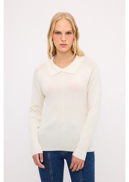 Yaka Detaylı Yün Triko Kazak Kemik 13944057000