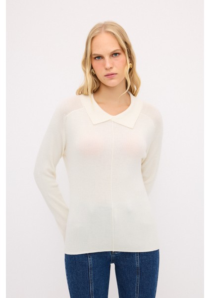 Yaka Detaylı Yün Triko Kazak Kemik 13944057000 fırsatları