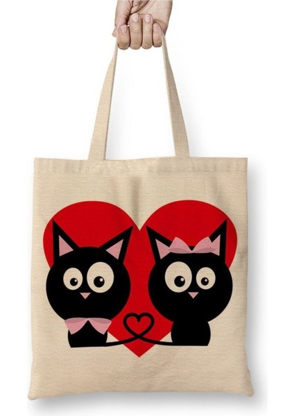 Kedicikler Kalp Cats Kedi Bez Çanta Uzun Saplı Alışveriş Çantası Plaj Çantası