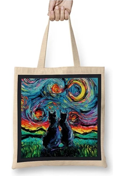 Cat Van Gogh's Cats Kedi Bez Çanta Uzun Saplı Alışveriş Çantası Plaj Çantası