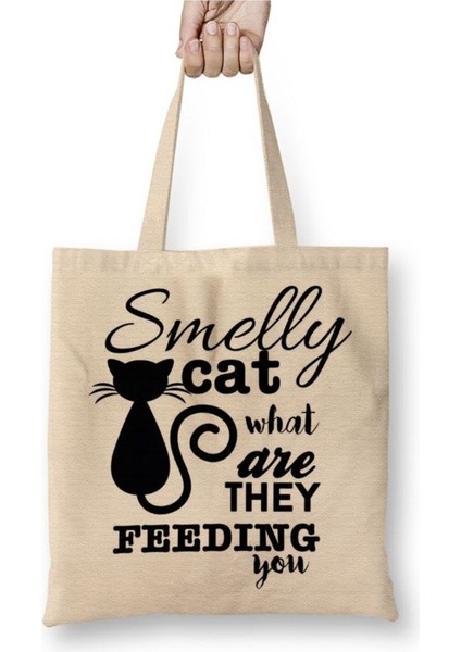 Smelly Cat Kedi Beyaz Bez Çanta Uzun Saplı Alışveriş Çantası Plaj Çantası