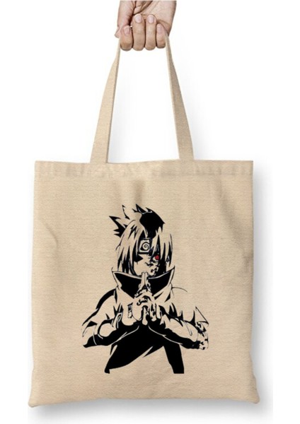 Sasuke Uchiha Naruto Beyaz Bez Çanta Uzun Saplı Alışveriş Çantası Plaj Çantası