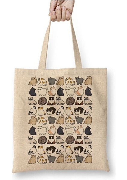 Kediler Cats Graphic Beyaz Bez Çanta Uzun Saplı Alışveriş Çantası Plaj Çantası