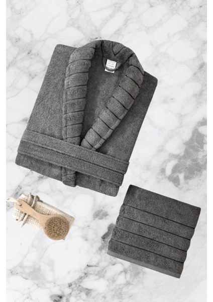 Aqualoom Lüx Erkek Bornoz ve Havlu Seti &AMP;#37;100 Pamuklu Antrasit