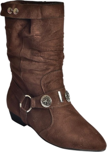 V380519002 Kahverengi Süet Düz Tabanlı Rahat Kalıp Kadın Bot