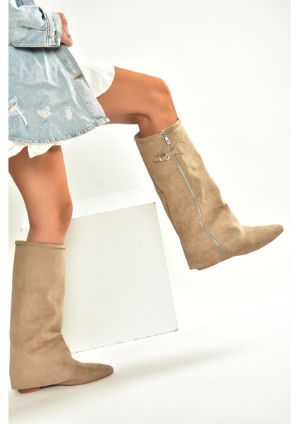 V380526402 Vizon Süet Düz Taban Fermuar Detaylı Kadın Çizme fiyatları