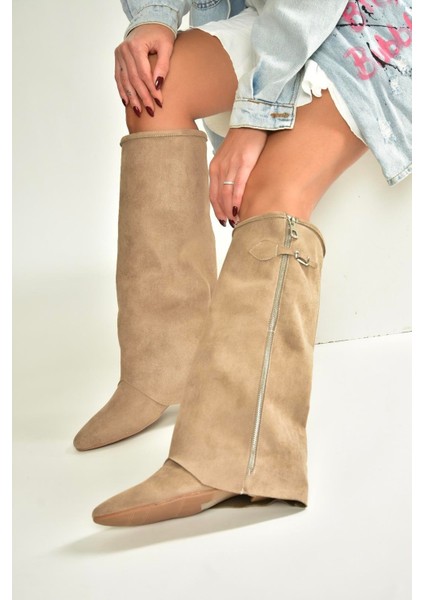 V380526402 Vizon Süet Düz Taban Fermuar Detaylı Kadın Çizme modelleri