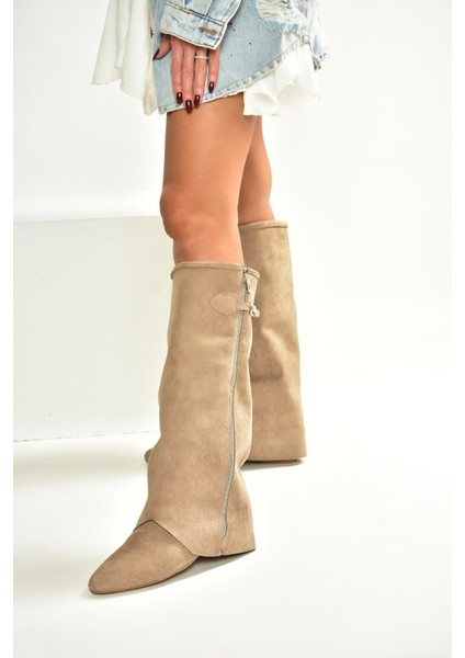 V380526402 Vizon Süet Düz Taban Fermuar Detaylı Kadın Çizme fırsatları