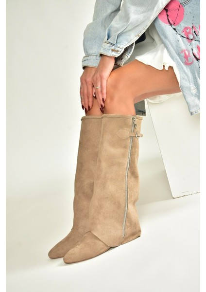 V380526402 Vizon Süet Düz Taban Fermuar Detaylı Kadın Çizme indirimleri