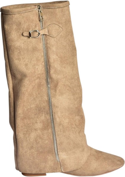 V380526402 Vizon Süet Düz Taban Fermuar Detaylı Kadın Çizme