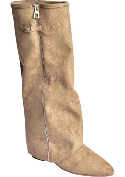 V380526402 Vizon Süet Düz Taban Fermuar Detaylı Kadın Çizme