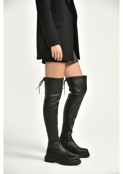 V404602009 Siyah Suni Deri Dizüstü Streç Çorap Çizme