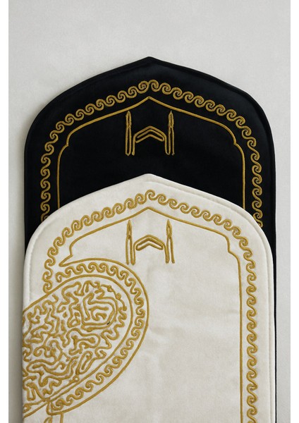 Beyza Siyah Krem Kadife 2'li Çift Kalpli Nakışlı Seccade Süngerli Çeyizlik Bohça Eşli Namazlık