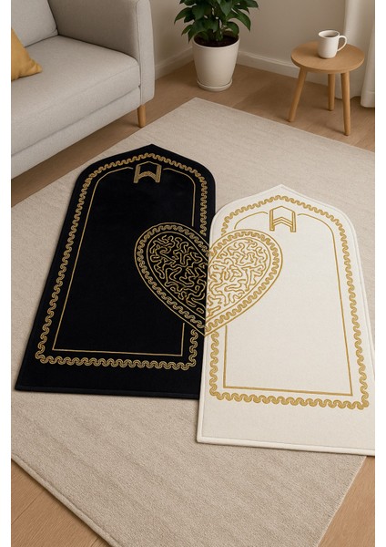 Beyza Siyah Krem Kadife 2'li Çift Kalpli Nakışlı Seccade Süngerli Çeyizlik Bohça Eşli Namazlık fiyatları