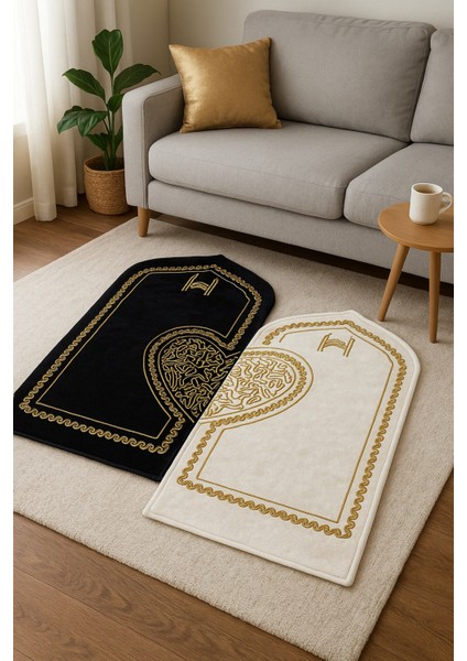 Beyza Siyah Krem Kadife 2'li Çift Kalpli Nakışlı Seccade Süngerli Çeyizlik Bohça Eşli Namazlık modelleri