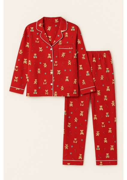 Kız Çocuk Teddy Desenli Yılbaşı Temalı Pijama Takımı Kırmızı