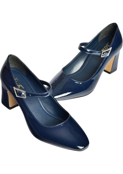 V250670708 Lacivert Rugan Kalın Topuklu Kadın Ayakkabı