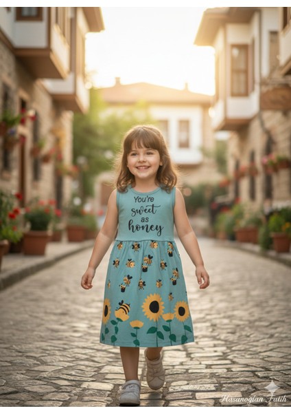 Kız Çocuk Penye Pamuklu Elbise Arı Desenli Siyah Mavi Renk Seçenekli