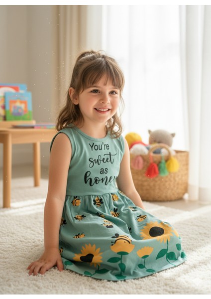 Kız Çocuk Penye Pamuklu Elbise Arı Desenli Siyah Mavi Renk Seçenekli modelleri