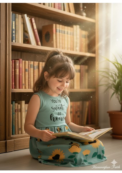 Kız Çocuk Penye Pamuklu Elbise Arı Desenli Siyah Mavi Renk Seçenekli