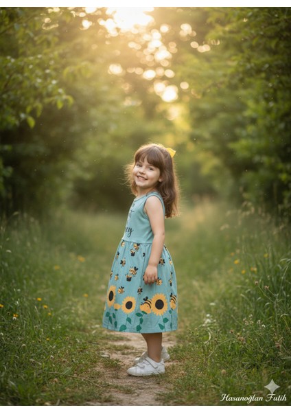 Kız Çocuk Penye Pamuklu Elbise Arı Desenli Siyah Mavi Renk Seçenekli