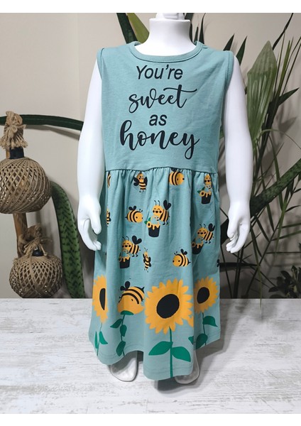 Kız Çocuk Penye Pamuklu Elbise Arı Desenli Siyah Mavi Renk Seçenekli