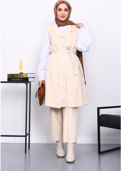 Krem Deri Detaylı Kemerli Yelek fiyatları