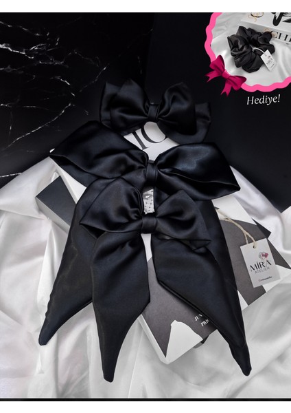 Kadın 3’lü Fiyonk Saç Tokası Seti + Scrunchie Hediyeli - Sonsuz Siyah