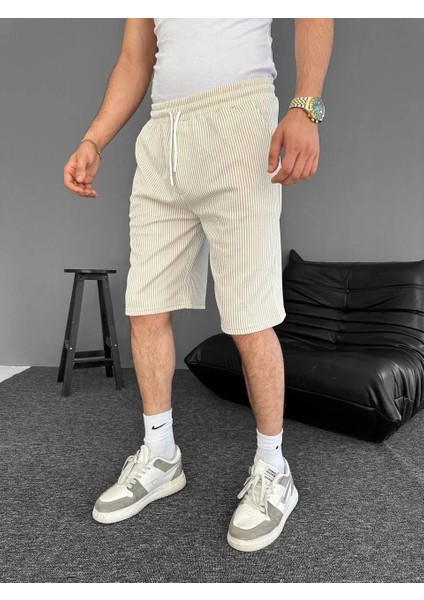 Su Yolu Çizgili Ön Arka Cepli Şort Yazlık Nefes Alabilir - Bej