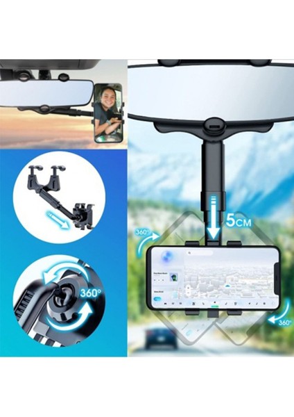 Uzayabilen Ayarlanabilir Dikiz Aynası Telefon Tutucu 360° Oynar Akrobatik Telefon Tutacağı Siyah Tpe