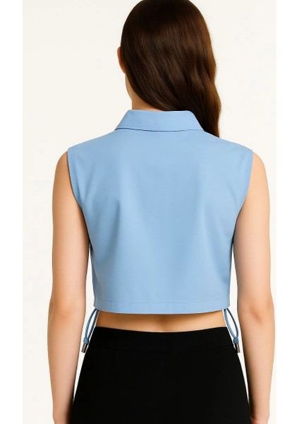 Kadın Crop Poplin Gömlek Yalancı Cepli, Ayarlanabilir Yan Kordonlu, - Bebe Mavisi -Vlmr fiyatları